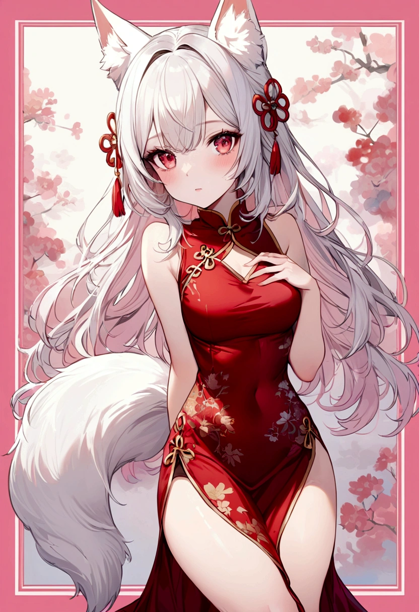 The girl has short white hair, red eyes, white fox ears with pink borders, a red Chinese dress with yellow borders, and a white and pink tail.