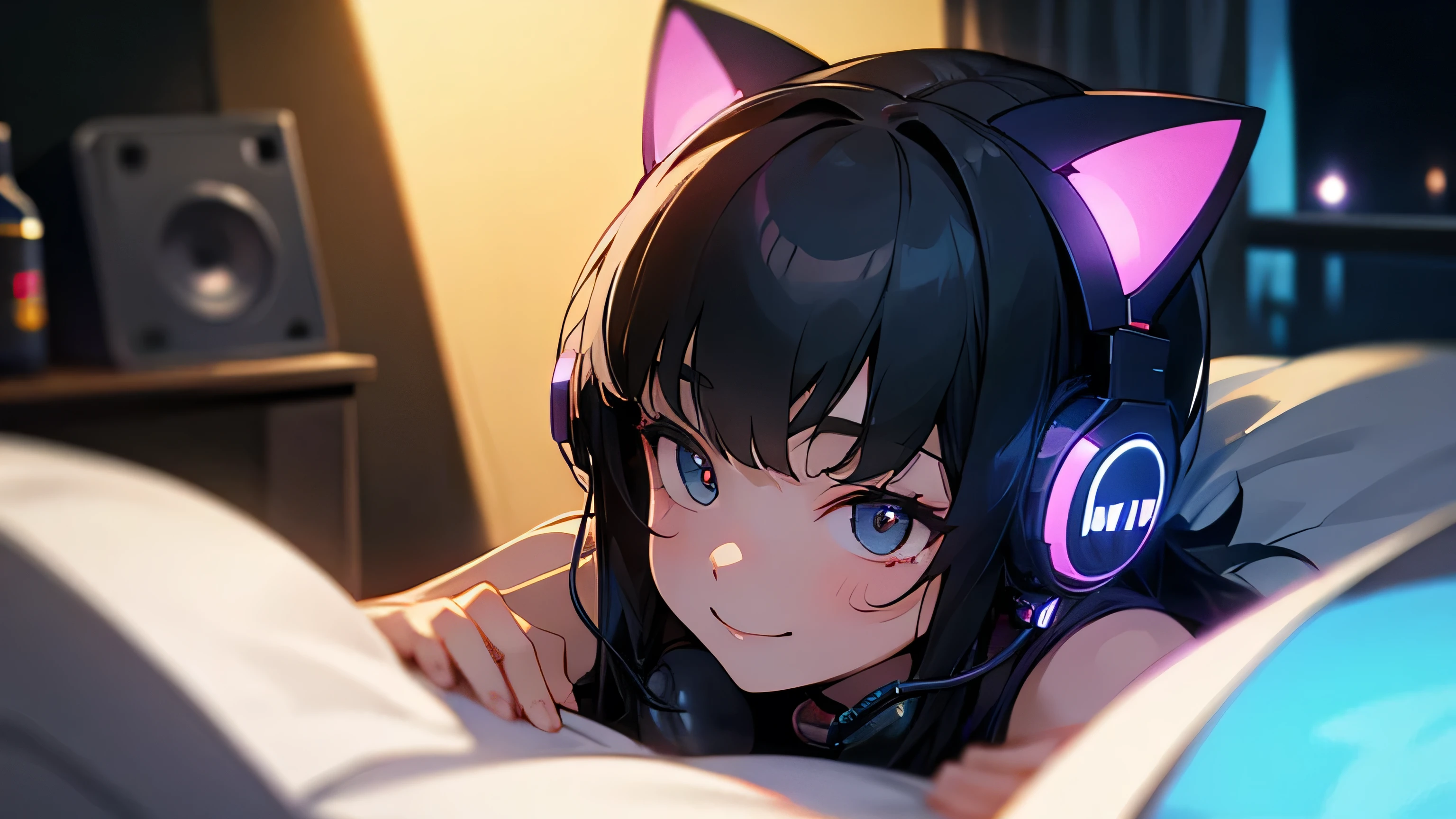 Room with speakers、Cat with headphones、Face close-up、night、Black Hair、smile