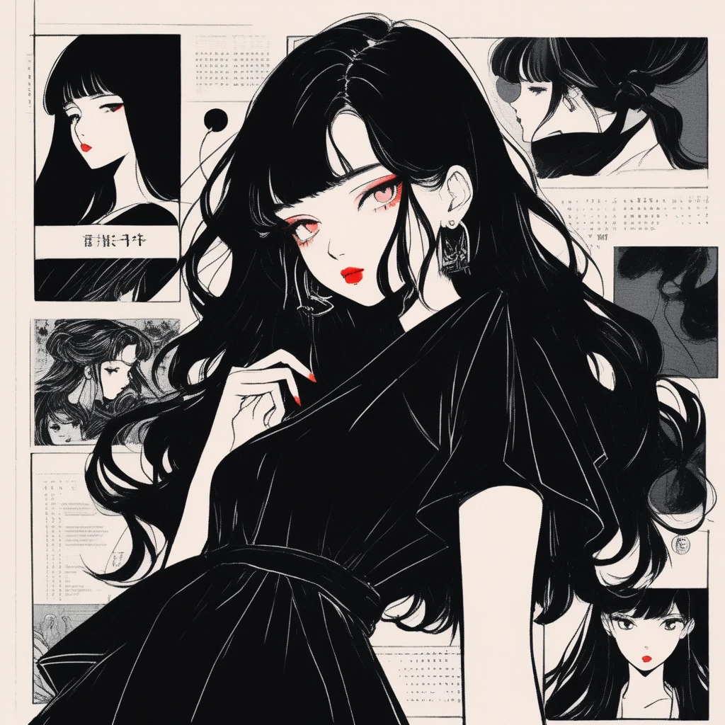(best quality, sketch:1.2),Practical,Illustrator,Japanese cartoons,1 girl, Delicate lips, Black dress 8,(Background dark monochrome),Neon Hair,Texture cropping, masterpiece, Style: Vintage , Deep Black, Art, sketch book, (Black hair:1.75 Neon:1.32), Bad Woman , Dark shadow long hair