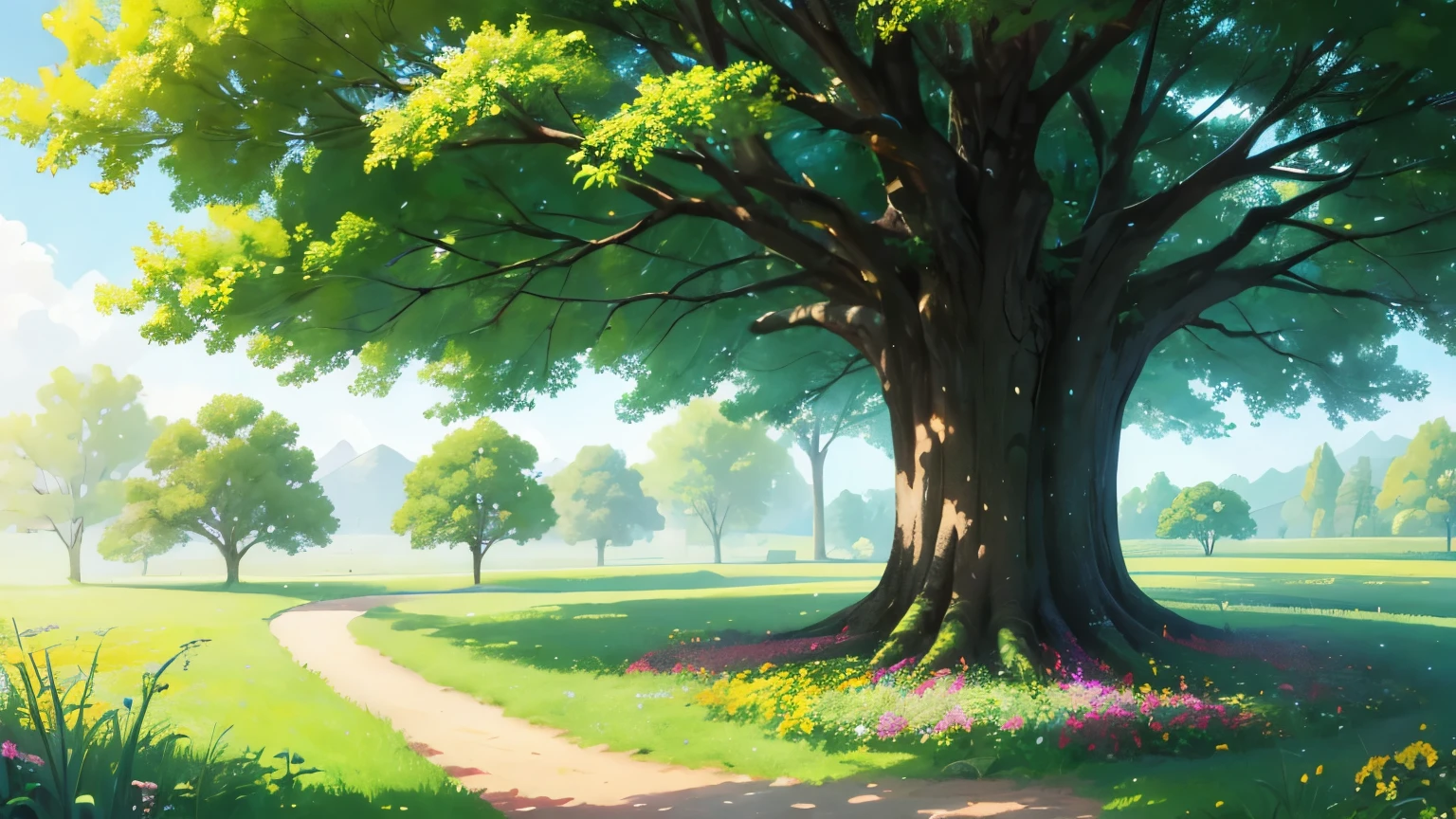 A beautiful forest, bright, sunny, flat terrain, green, flowery field, some trees, a large central tree, children's book illustration style, anime art.