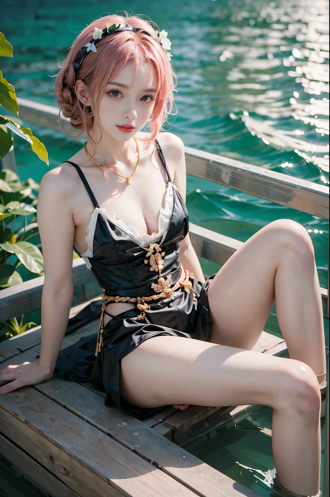 astolfo_md, ((full body)),beautiful woman in a sailing boat, wet body, detailed face and eyes, beautiful lips, young female model, saturated colors, leaning on the railing, stunning smile, long legs, slender figure, exquisite face, masterpiece, bare shoulders, large breasts, anatomically correct, (best quality,4k,8k,highres,masterpiece:1.2),ultra-detailed,(realistic,photorealistic,photo-realistic:1.37)