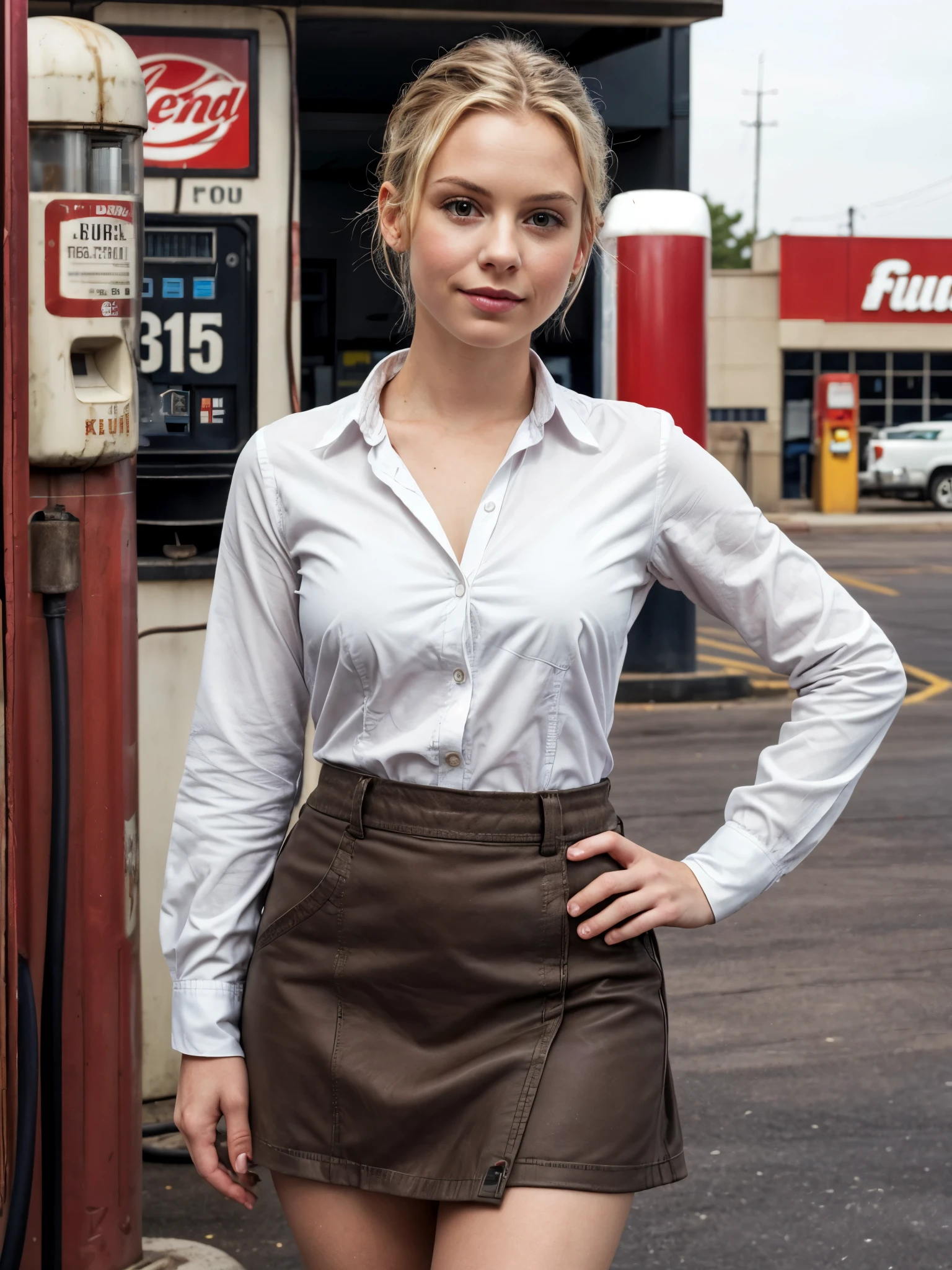 The photograph of girl in her work environment would exude elegance and confidence. She would be captured in a vintage-style gas station, perhaps standing next to a classic fuel pump. girl's attire would showcase her understanding of fashion, with a form-fitting blouse and a stylish skirt that accentuates her figure. Her expression would be poised and self-assured, reflecting her awareness of her surroundings and her ability to command attention. The background would feature elements of the gas station, such as old-fashioned signage and nostalgic details, emphasizing Emily's connection to her workplace and the retro charm it exudes.