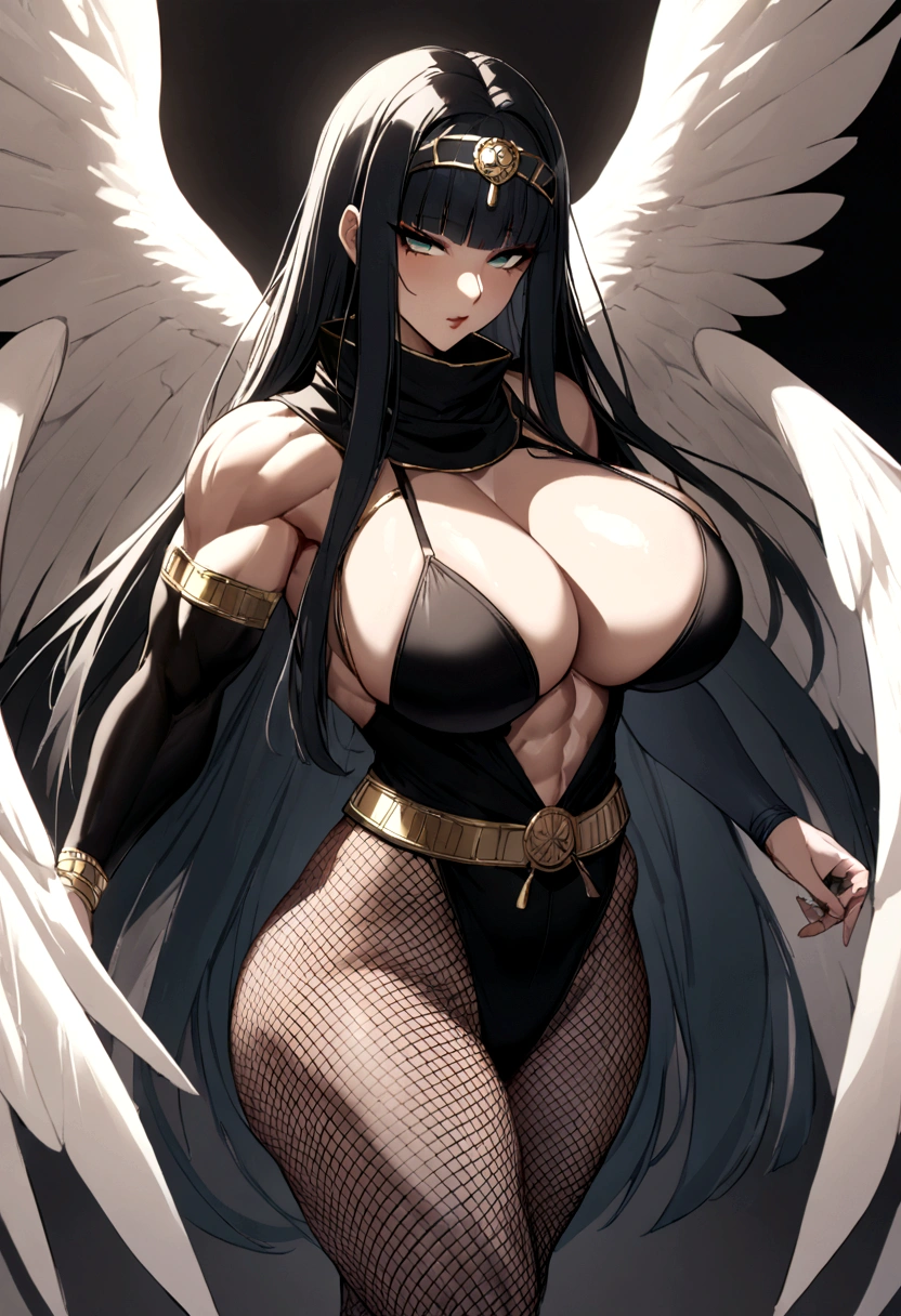 Cleopatra with extreme muscular body, huge , fair skin, wearing ninja outfit with ninja mask, fishnet catsuit and white angel wings.