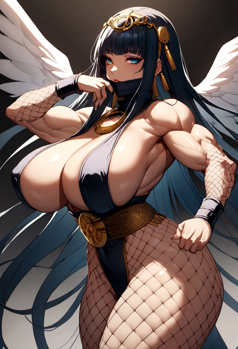 Cleopatra with extreme muscular body, huge breasts, fair skin, wearing ninja outfit with ninja mask, fishnet catsuit and white angel wings.