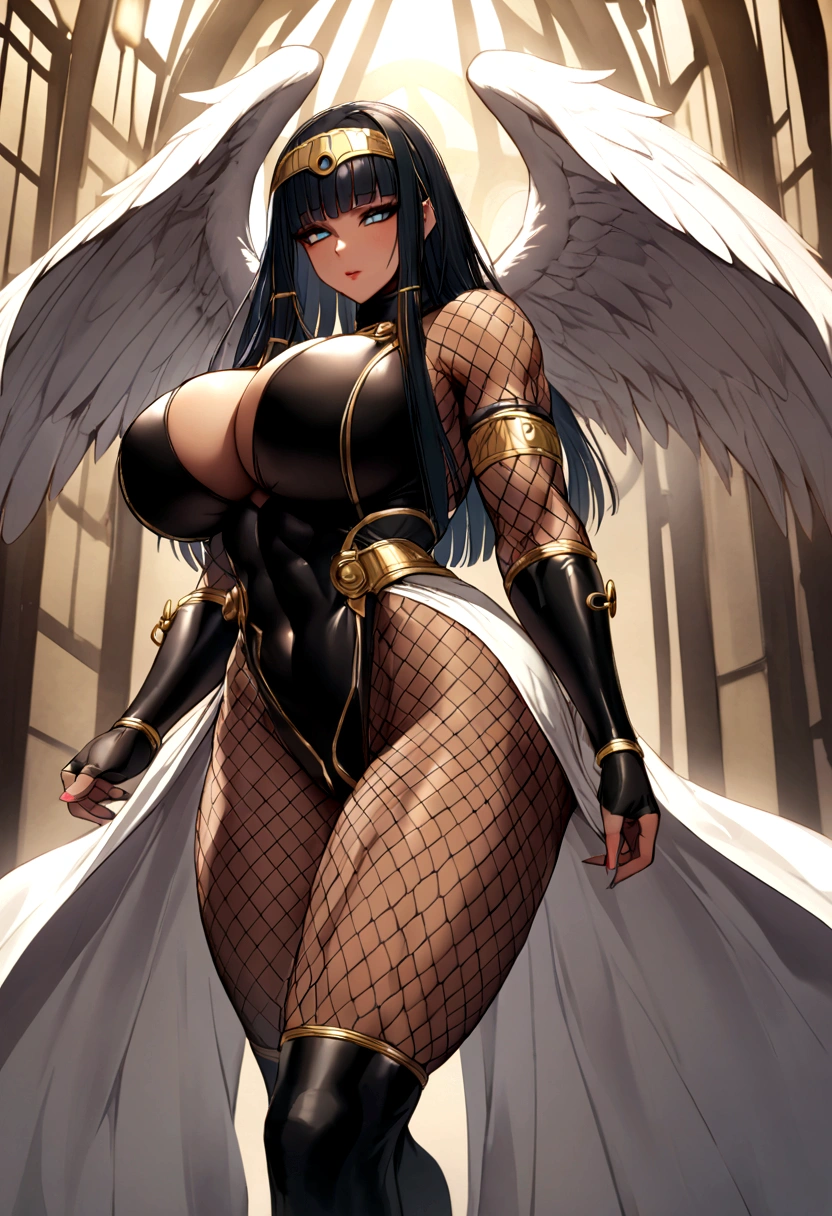 Cleopatra with extreme muscular body, huge breasts, fair skin, wearing ninja outfit with ninja mask, fishnet catsuit and white angel wings.