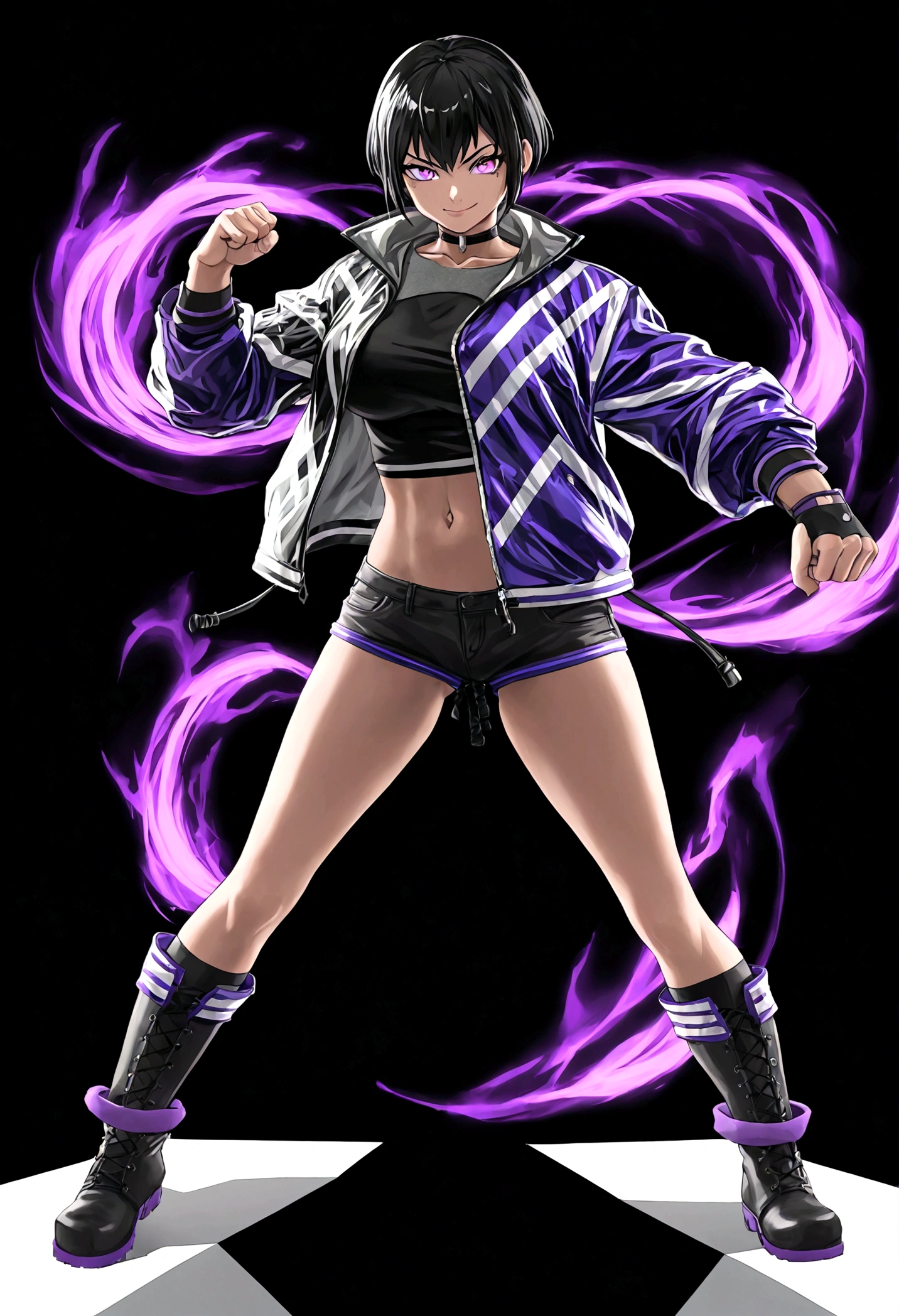 Tomboy girls, Sexy, Smart, Strong, muscular body, Tall Body, Short black hair, purple pupil eyes, black plain chokers, wear jacket, black Crop top, short black jeans, thick long black stocking, High black boots, smile intimidate face, fighting pose, purple fire surrounding, Tekken Art Style, Anime art style, looking at camera.