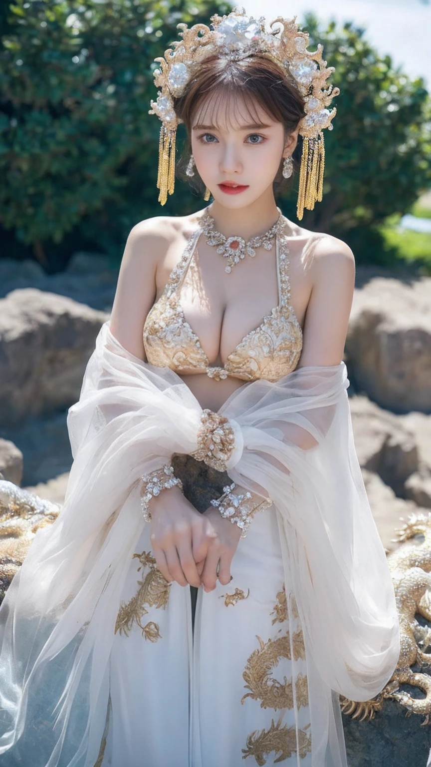 (Strong expression on chest),highest quality、masterpiece、超A high resolution、(Gold Dragon Armor)、(((huge tits)))、(((Big flower on head))),(((More Micro Bikini))),(Wearing a beautiful crown made of jewels),(Photorealistic:1.4)、RAW Photos、1 girl、(((Random Hair))、(((Take various poses)))、Glowing Skin、(((white chinese dragon)))、Intricate and gorgeous hair ornaments、(Looks like a gorgeous jeweled necklace)、(Full body angle)、(Fighting big dragonet bikini)、((Beautiful sea background)),Steep cliffs、(Castle Background)、((Ultra-Realistic Details))、Portrait、Global Illumination、(Sexy pose)、Shadow、Octane Rendering、8k、Super sharp、huge 、Bare skin exposed in the cleavage、Metal、Intricate decorative details、More about Japan、Very intricate details、blue eyes、Eyes shining at the camera、Toostook、(Full body angle)、(Veil)、(((Heavy Big))),((She is wearing beautiful jeweled bangles.)),Beautiful hip line、