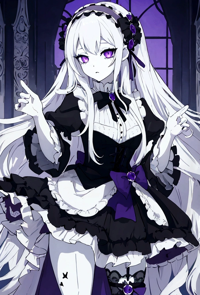 Dorothy, very long hair, pale skin, expressive violet eyes, white hair, gothic ta