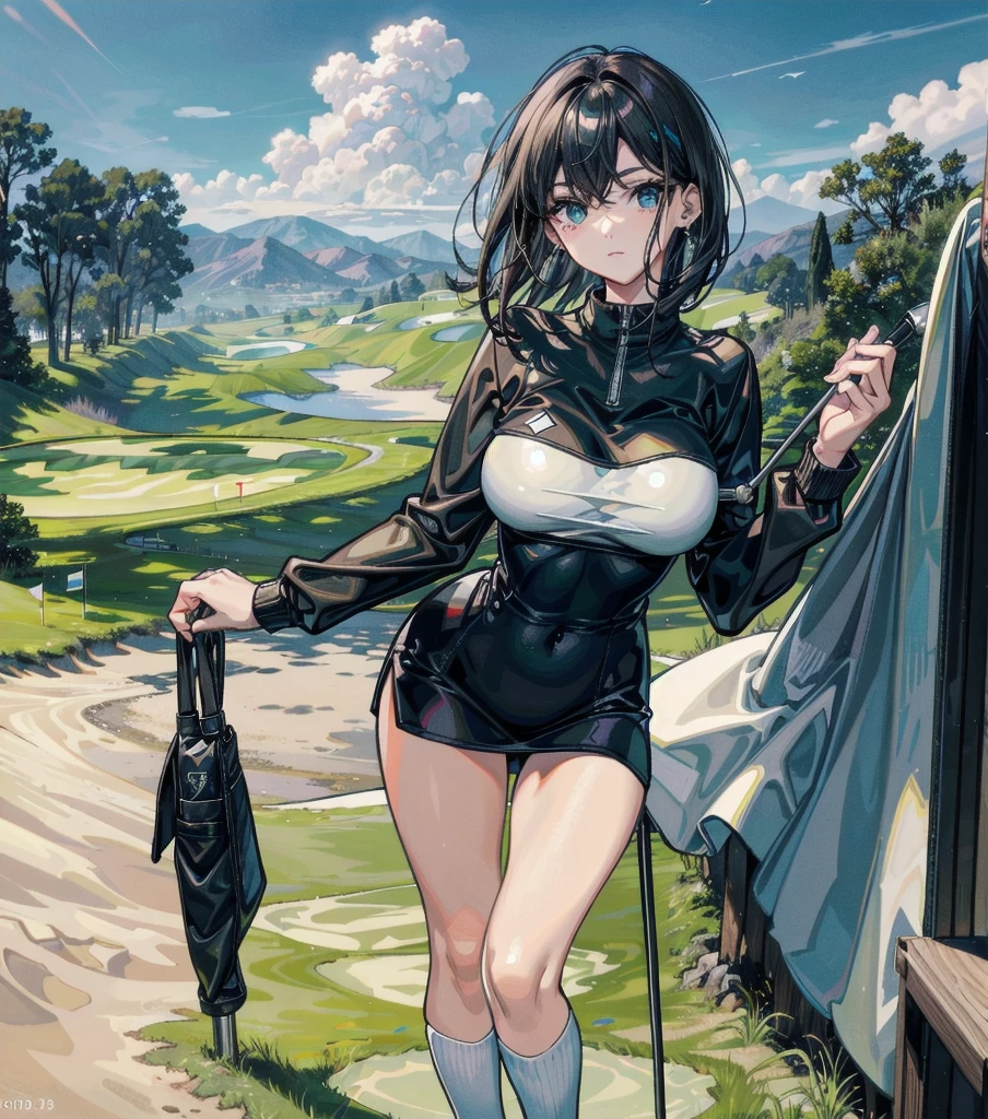full body, perfect anatomy, correct body, ideal ratio of body proportions, solo, alone, tearful mole, earring, medium hair, black hair, big tits, golf uniform, realistic 18 hole golf course, lush green fairways, rolling hills, sand traps, water hazards, clubhouse,