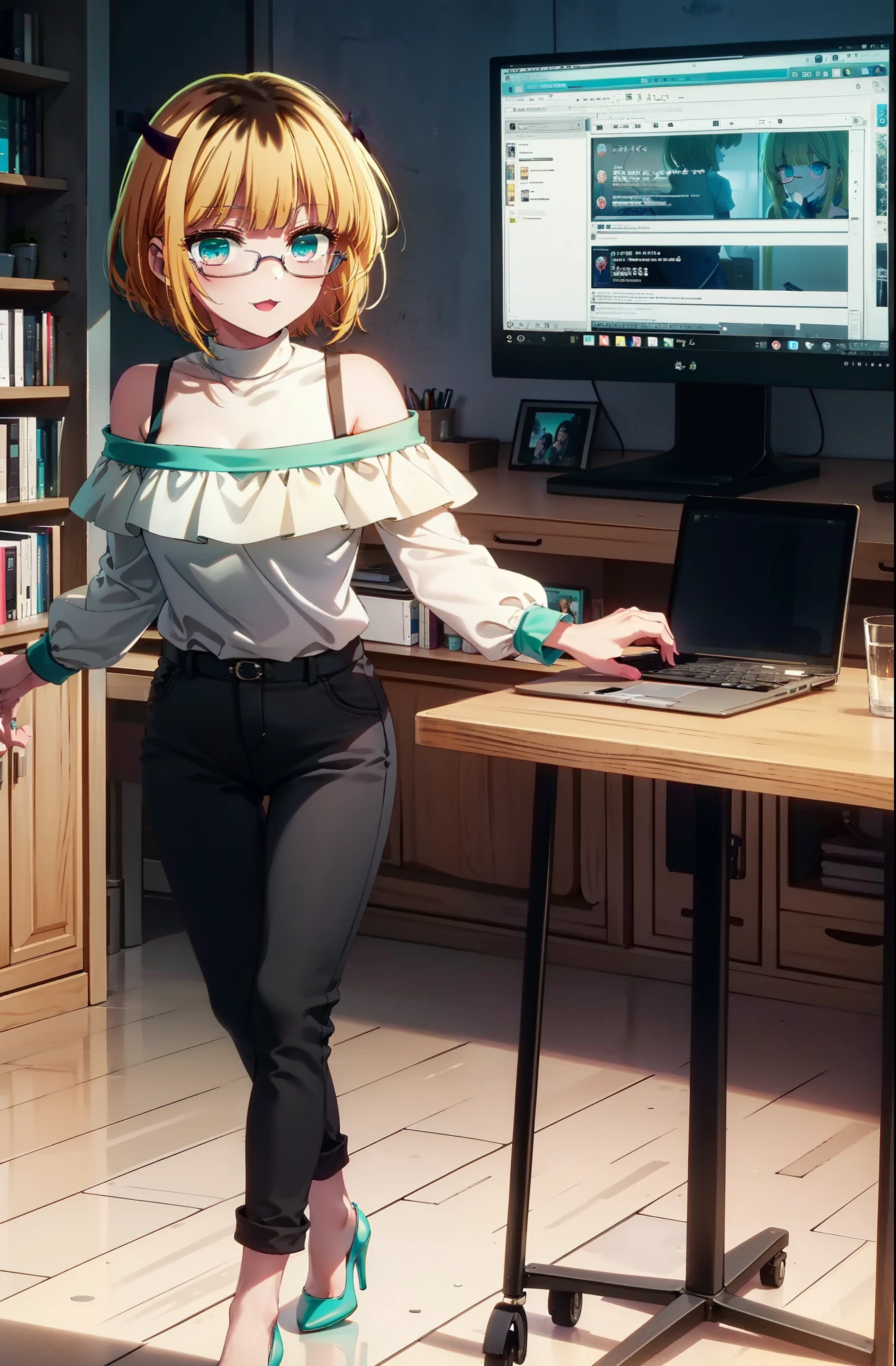 memcho, memcho, Long Hair, Blonde Hair, Multicolored Hair, horn, bangs, Brown Hair, Black Hair, blunt bangs, Two-tone hair, (Aqua Eye:1.3), :3,happy smile, smile, Open your mouth,Black-rimmed glasses,
Cold shoulder tops,skinny pants,Stiletto heels,There is a computer on the table,So that the whole body goes into the illustration,Chair,walking,Daytime,
Break indoors, office,
壊す looking at viewer, Systemic
break (masterpiece:1.2), highest quality, High resolution, unity 8k wallpaper, (figure:0.8), (Beautiful fine details:1.6), Highly detailed face, Perfect lighting, Highly detailed CG, (Perfect hands, Perfect Anatomy),
