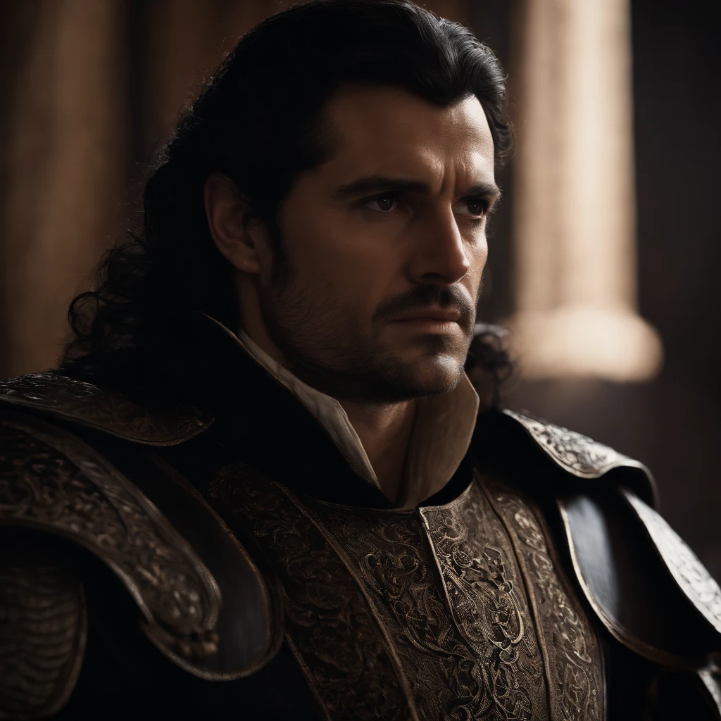 1 man,king agenor of vogartia,black hair,light eyes,cold determined expression,serious,17th century setting,cinematic,dramatic lighting,ultra detailed,high resolution,8k,photorealistic,dramatic portrait,chiaroscuro,epic scale,intricate details,exquisite craftsmanship,cinematic atmosphere,masterpiece