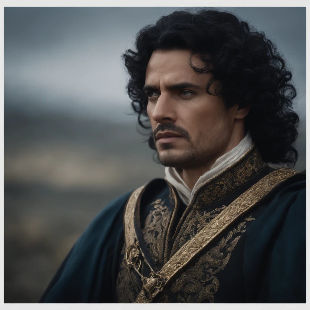 1 man,king agenor of vogartia,black hair,light eyes,cold determined expression,serious,17th century setting,cinematic,dramatic lighting,ultra detailed,high resolution,8k,photorealistic,dramatic portrait,chiaroscuro,epic scale,intricate details,exquisite craftsmanship,cinematic atmosphere,masterpiece