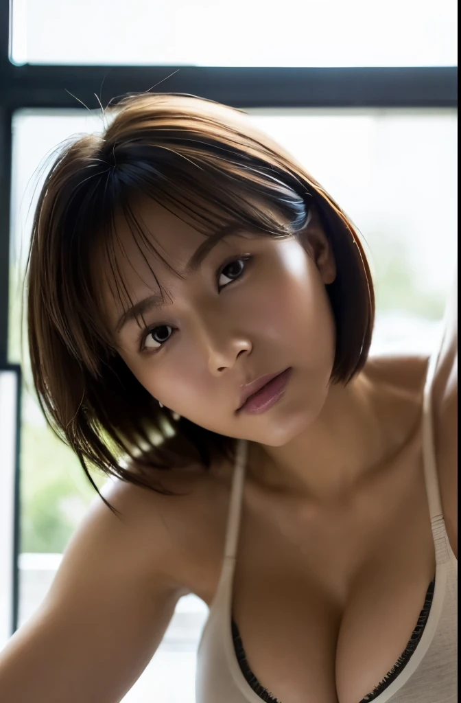 (masterpiece:1.3), (8k, Realistic, RAW Photos, Best image quality: 1.4), Japanese women、Around 50 years old、Cleavage:2.0、Highly detailed face、Attention to detail、double eyelid、Chest to chest、Light brown hair、Short Hair、Sporty hair、highest quality、masterpiece、超A high resolution、(Realistic:1.4)、Highly detailed and professional lighting、In a dark room、Sleepy look、Casual off-the-shoulder fashion、Sweating、Deadly position