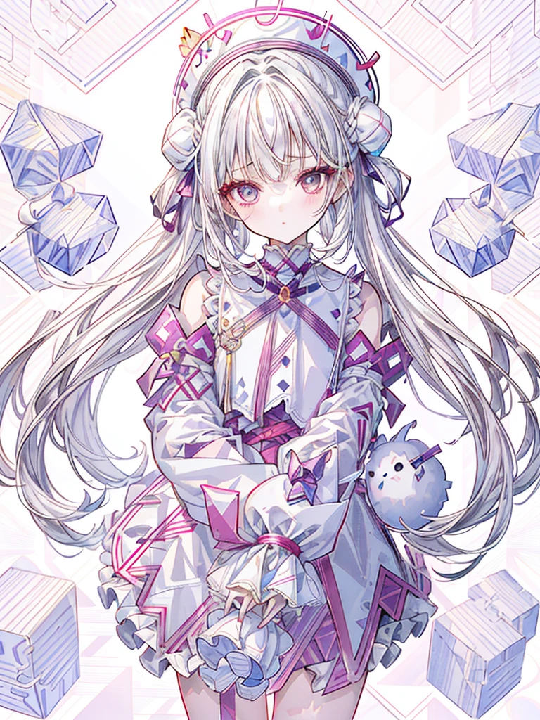Upper body close-up、Ultra-detailed eyes、The best composition、girl,highest quality、Masterpiece、Official Art、White Hair,Straight Long Hair,break//(Double sleeve long sleeve),((Clothes with lots of frills)),(Shiny and cute loafer shoes),((break//)),((Geometric background:1.6)),Face close-up,(Holding a stuffed rabbit)