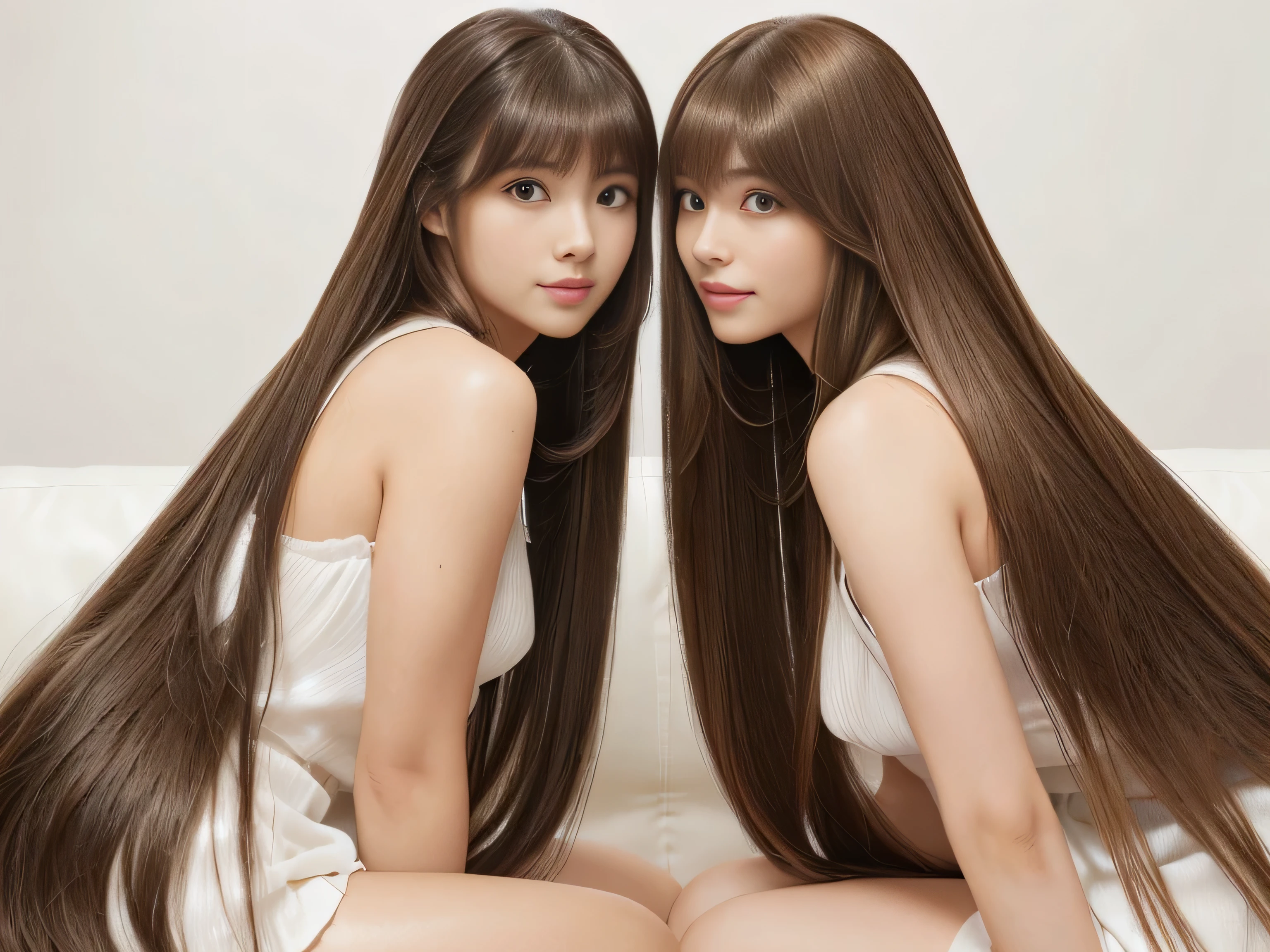 (Photo of twins who look alike, even down to their fingernails They sat side by side on the sofa and chatted happily Posing for a photo Two people) (Two peopleの顔のクローズアップショット:1.8) ((Two peopleともランダムな座ったポーズ, Show as much of your back and hair as possible:1.2)) ((Two people is a beautiful 24-year-old hair model with long, light brown hair. fell straight down Reaches up to the kneeVery long hair highest quality Highest detail Reaches up to the knee、Very long hair that lasts forever:1.3 Flowing hair 私ncredibly straight hair Very shiny そして thick hair Abnormally long hair that lasts forever Flowing hair on both ends long hair up to the knees:1.2 long hair up to the knees:1.2 Thick and shiny hair Very free hair Abnormally long hair!!!!! Beautiful silky hair Beautiful and shiny hair Beautiful and shiny hair Beautiful silky hair Hair that grows to the knees Very very, Very long hair!!!!! Very very, Very long hair!!!!!)) (highest quality The best ultra-fine Reaches up to the knee、Very long hair that lasts forever Flowing hair Her hair is gently permed Very shiny そして thick hair Abnormally long hair that lasts forever Flowing hair on both ends long hair up to the knees:1.2 long hair up to the knees:1.2 Thick and shiny hair Very free hair Abnormally long hair!!!!! Beautiful silky hair Super long hair down to the knees Beautiful and shiny hair Beautiful and shiny hair Beautiful silky hair Hair that grows to the knees Very very, Very long hair!!!!! Very very, Very long hair!!!!!)) (Her bangs are perfect.:1.3) ((Her hair color is light brown:1.5)) (White wall background:1.8 Pure White Sofa) (Japan'The sexiest and most beautiful 24 year old model) (She looks at the viewer with a very captivating expression.......) ((highest quality)), ((masterpiece)), (Familiar) (Get used to it) Perfect Face (Her skin is a typical Japanese skin color.. And very detailed) (Big Breasts:1.3) (She is wearing a shiny white camisole.) (She has a beautiful face and a typical Japanese figure...., Narrow eyes) (She has perfect 美しい and sexy makeup and face Lipstick is light red A solid eyeliner) ((Rich 1.4)) (Extremely detailed 8K) (Ultra-fine skin texture 1.4) (Actual, Vibrant:1.4), double eyelid Sharp focus:1.2、Beautiful woman:1.4 Dynamic Lighting (Genuine RAW photos taken by professional photographers) Professional Hair Shine. (She has a bright and cheerful face) (Her face is slim and dignified.., length, Narrow eyes..々Nice face)