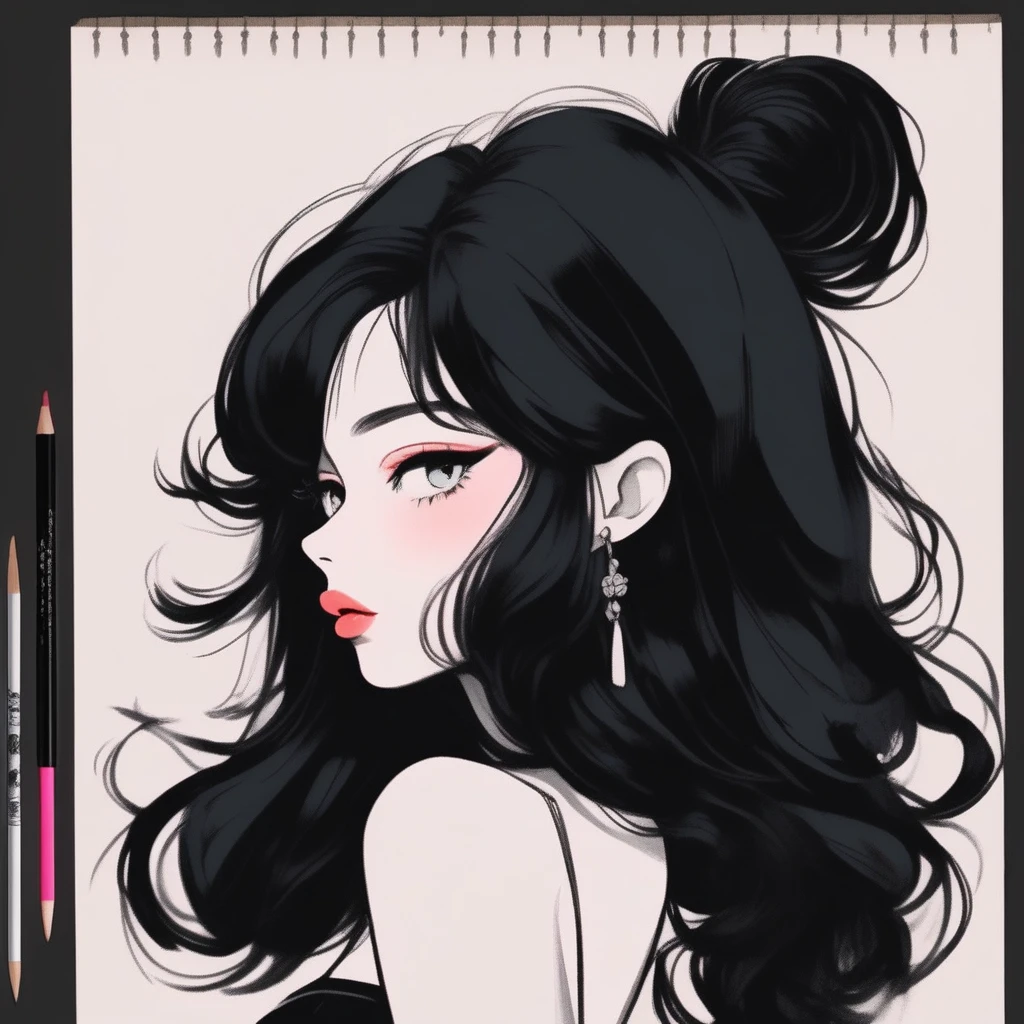 (best quality, sketch:1.2),Practical,Illustrator,Chinese cartoons,1 girl, Delicate lips, Black dress 8,(Background dark monochrome),Neon Hair,Texture cropping, masterpiece, Style: Vintage , Deep Black, Art, sketch book, (Black hair:1.75 Neon:1.32), Bad Woman , Dark shadow long hair
