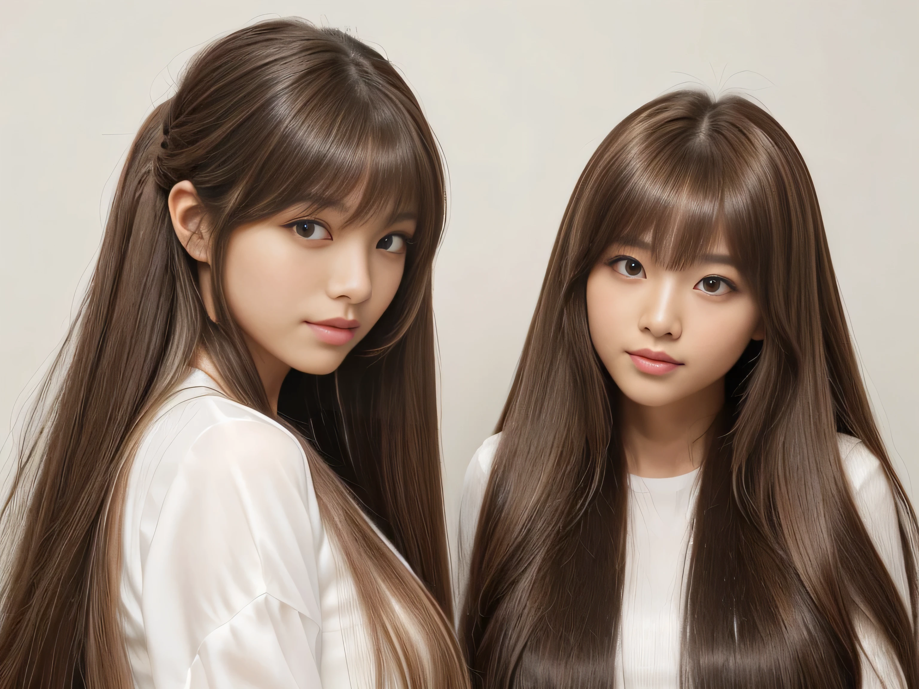 (Photo of twins who look alike, even down to their fingernails　They sat side by side on the sofa and chatted happily　Posing for a photo　Two people)　(Two peopleの顔のクローズアップショット:1.8)　((Two peopleともランダムな座ったポーズ, Show as much of your back and hair as possible:1.2))　((Two people is a beautiful 24-year-old hair model with long, light brown hair.　fell straight down　Reaches up to the kneeVery long hair　highest quality　Highest detail　Reaches up to the knee、Very long hair that lasts forever:1.3　Flowing hair　私ncredibly straight hair　Very shiny そして thick hair　Abnormally long hair that lasts forever　Flowing hair on both ends　long hair up to the knees:1.2　long hair up to the knees:1.2　Thick and shiny hair　Very free hair　Abnormally long hair!!!!!　Beautiful silky hair　　Beautiful and shiny hair　Beautiful and shiny hair　Beautiful silky hair　Hair that grows to the knees　Very very, Very long hair!!!!!　Very very, Very long hair!!!!!))　(highest quality　The best ultra-fine　Reaches up to the knee、Very long hair that lasts forever　Flowing hair　Her hair is gently permed　Very shiny そして thick hair　Abnormally long hair that lasts forever　Flowing hair on both ends　long hair up to the knees:1.2　long hair up to the knees:1.2　Thick and shiny hair　Very free hair　Abnormally long hair!!!!!　Beautiful silky hair　Super long hair down to the knees　Beautiful and shiny hair　Beautiful and shiny hair　Beautiful silky hair　Hair that grows to the knees　Very very, Very long hair!!!!!　Very very, Very long hair!!!!!))　(Her bangs are perfect.:1.3)　((Her hair color is light brown:1.5))　(White wall background:1.8 Pure White Sofa)　(Japan&#39;The sexiest and most beautiful 24 year old model)　(She looks at the viewer with a very captivating expression.......)　((highest quality)), ((masterpiece)), (Familiar)　(Get used to it)　Perfect Face　(Her skin is a typical Japanese skin color..　And very detailed)　　(Big Breasts:1.3)　(She is wearing a shiny white camisole.)　(She has a beautiful face and a typical Japanese figure...., Narrow eyes)　(She has perfect 美しい and sexy makeup and face　Lipstick is light red　A solid eyeliner)　((Rich 1.4))　(Extremely detailed 8K)　(Ultra-fine skin texture 1.4)　(Actual, Vibrant:1.4), double eyelid　Sharp focus:1.2、Beautiful woman:1.4　Dynamic Lighting　(Genuine RAW photos taken by professional photographers)　　Professional Hair Shine.　(She has a bright and cheerful face)　(Her face is slim and dignified.., length, Narrow eyes..々Nice face)