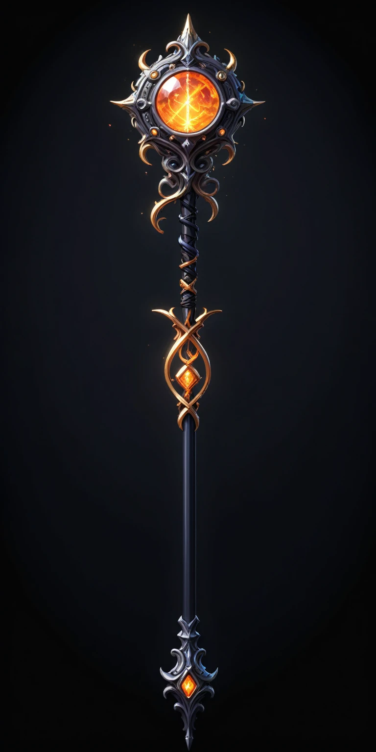 pixel art, cartoon illustration, Divine glavie greatstaff, Powerfull Magical theme, simple black background, RPG game icon