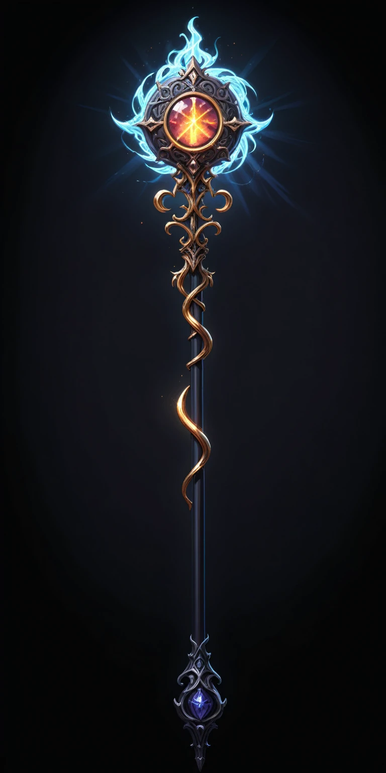 pixel art, cartoon illustration, Divine glavie greatstaff, Powerfull Magical theme, simple black background, RPG game icon