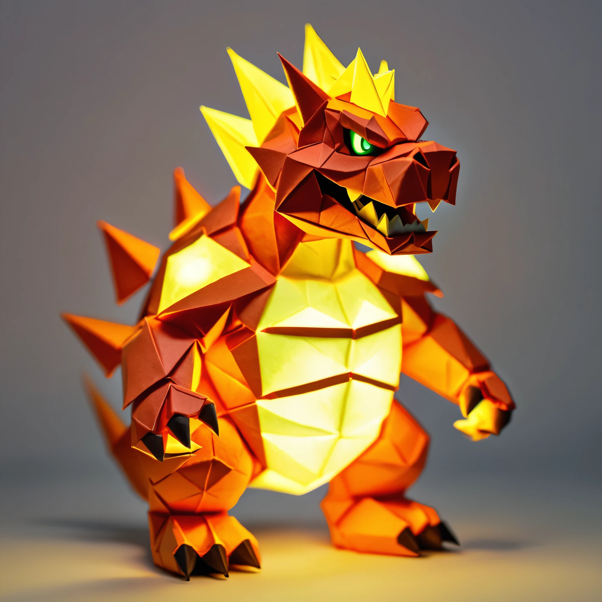 Create an amazing image of Bowser from Super Mario using the (Glowing Origami art style:1.6)