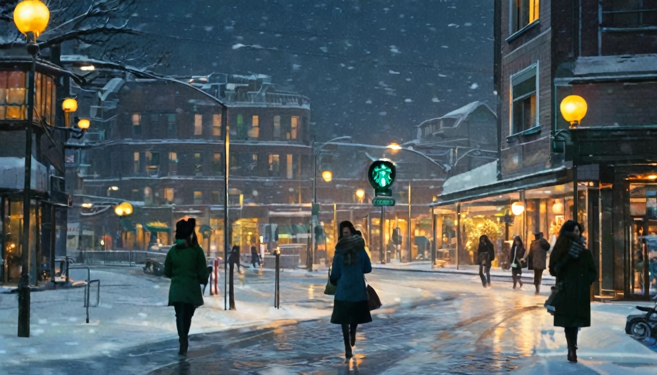 Two girls heading home after thier work is done at Starbucks. It is winter evening (night) time.