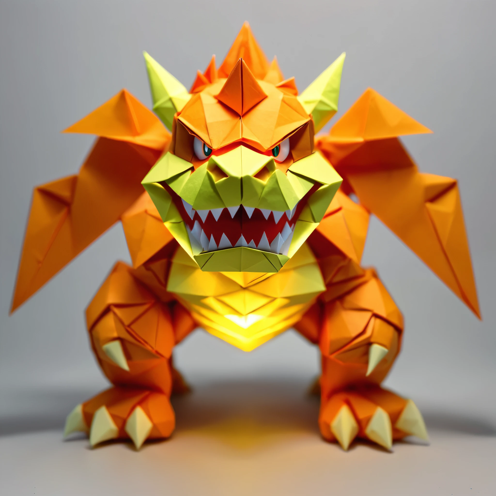 Create an amazing image of Bowser from Super Mario using the (Glowing Origami art style:1.6)