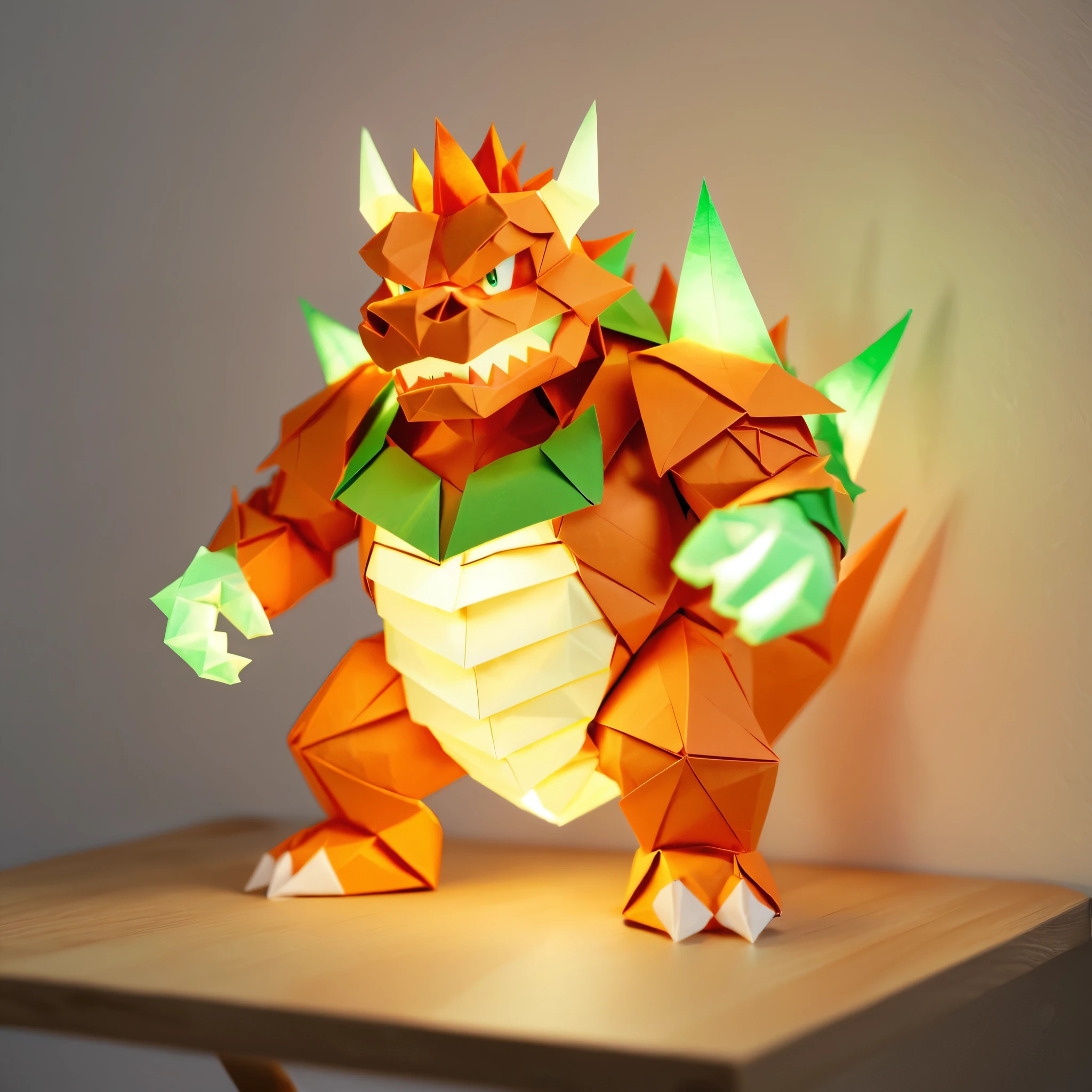 Create an amazing image of Bowser from Super Mario using the (Glowing Origami art style:1.6)