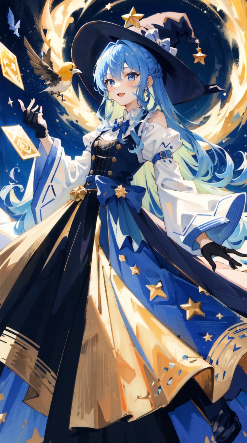 ((masterpiece:1.2, highest quality)), One girl, alone, (Witch Hat), Blonde Hair, Long Hair, dress, Aurora, night, star (null), gloves, null, white dress, night null, Open your mouth, starry null, blue eyes, ribbon, very Long Hair, red dress, smile, hair ribbon, Cape, Blue Hair, (bird), magic, Casting a Spell, Dark Clouds, night, (Impressionism:1.4), (Tarot:1.3), Alphonse Mucha,