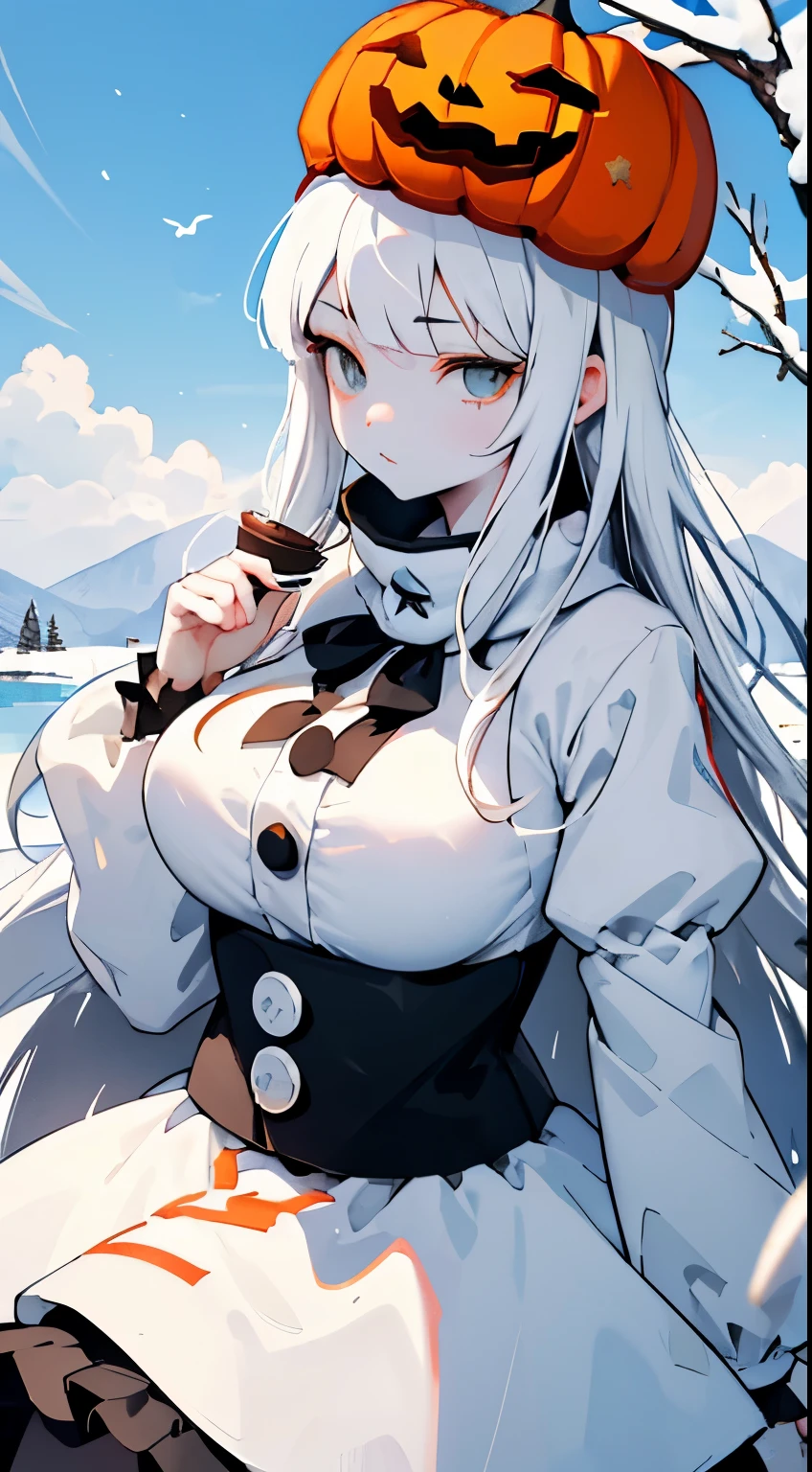 snowman女孩，snowman，Snow white skin，White skin，雪White skin，snowman，Snow-white hair，Long snow-white hair，Long flowing hair，Pumpkin on head，****ta costume，White and orange clothing，橘色Pumpkin hat，盖住整个头顶的Pumpkin hat，Pumpkin hat，雕刻Pumpkin hat，snowman女孩，Gray pupil，Gray Eyes，White pupil，White eyes，Snow background，Outdoor Background，Poker face，Poker face，indifferent脸，indifferent，Full figure，Poker face，indifferent，cool，Big breasts，Poker face，indifferent女孩，poker face，Fluffy skirt，cupcake dress，Close-up above the waist，Close-up above the waist