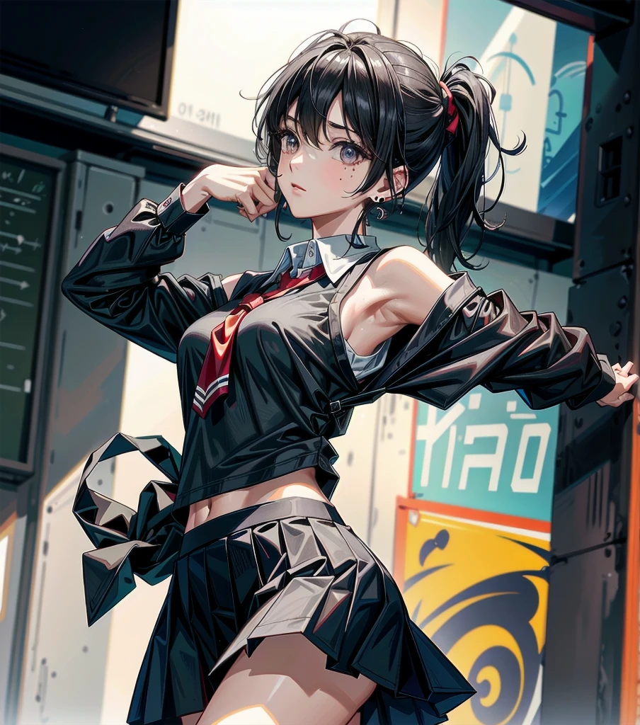 whole body, solo, alone, perfect anatomy, correct body, ideal ratio of body proportions, tearful mole, earring, medium hair, black hair, medium tits, classroom, school_uniform, ((school_uniform)), summer shirt, skirt, sleeveless,