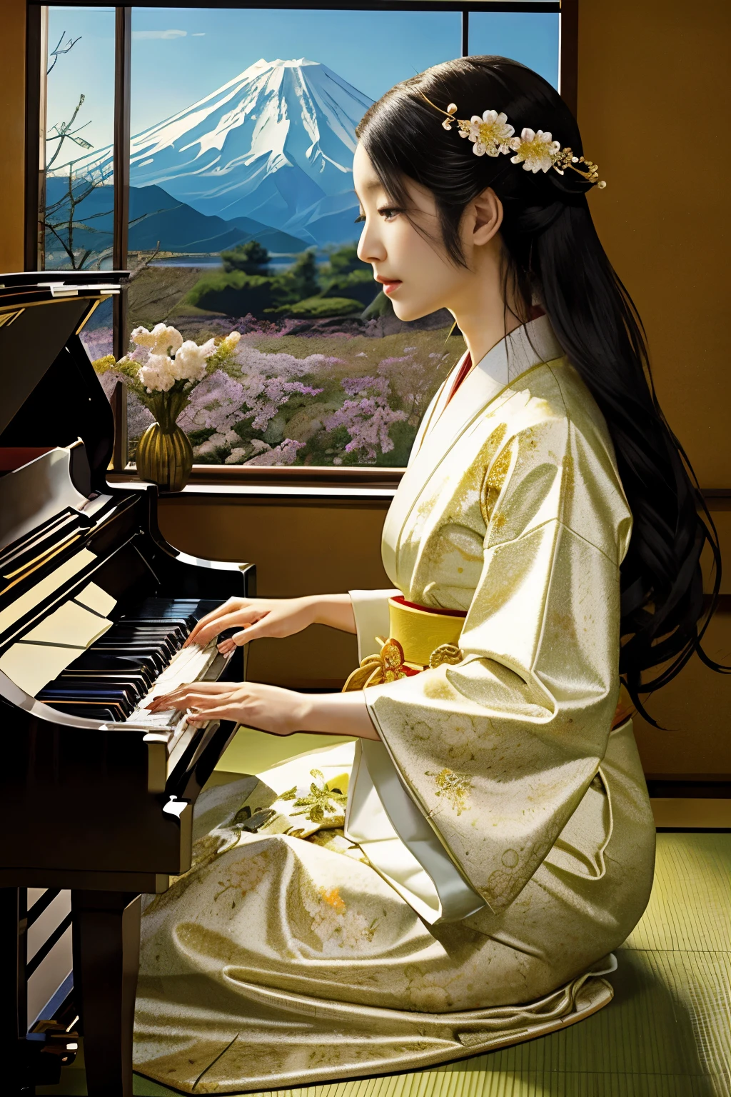 Princess Konohanasakuya, the supreme goddess, plays the piano at the foot of Mount Fuji, inviting you to a transcendent moment of otherworldly grace and serenity.、This beautiful flower blossoms,、She is a beautiful Japanese goddess in her 30s with long black hair wearing a beautiful Japanese kimono.、She wears a white furisode with a floral pattern elegantly.、The face is delicate, captivating and beautiful in profile.