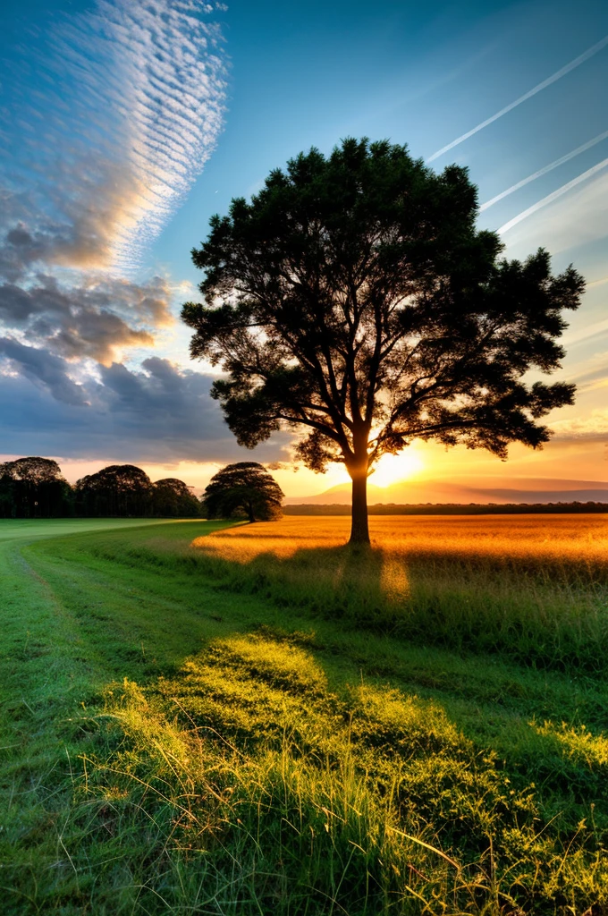 Rural landscape, Grass, Tree, Blue sky,Clouds,sunrise,Tyndall effect,Ultra illumination, Optimal lighting, HD, masterpiece, high quality, high resolution, Best quality, artwork, Super quality, Tree详细,real picture