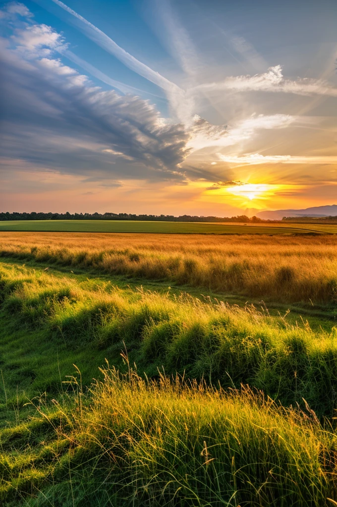 Rural landscape， Grass， Tree， Blue sky，Clouds，sunrise，Tyndall effect，Ultra illumination， Optimal lighting， HD， masterpiece， high quality， high resolution， Best quality， artwork， Super quality， Tree详细,real picture