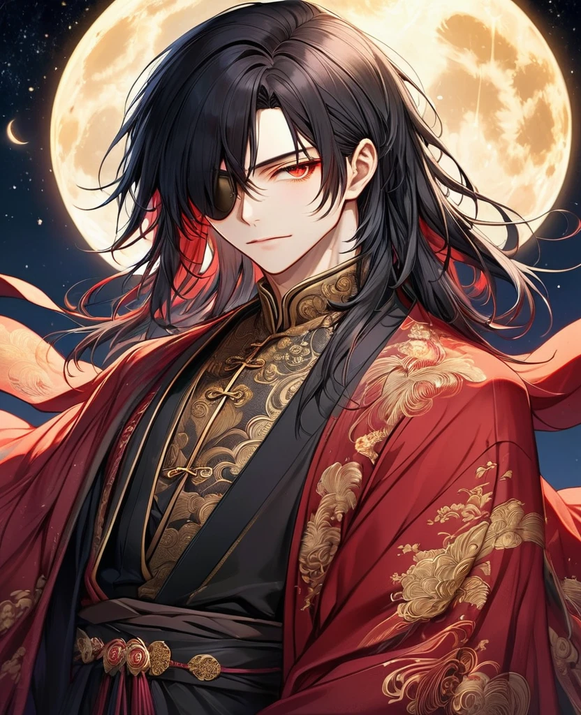 A highly detailed, anime-inspired illustration of a mysterious, handsome man with long, flowing black hair and an eyepatch over his left eye. He is wearing an elegant, ornate red and black robe adorned with intricate gold embroidery. The background features a full moon illuminating the night sky, casting a soft glow on his face. His eyes are piercing red, and he wears a serious expression. The image is rendered in 4K, showcasing delicate line work and soft shading, emphasizing clean lines, realistic yet stylized features, and a focus on subtle gradients and textures to create a polished and aesthetically pleasing appearance