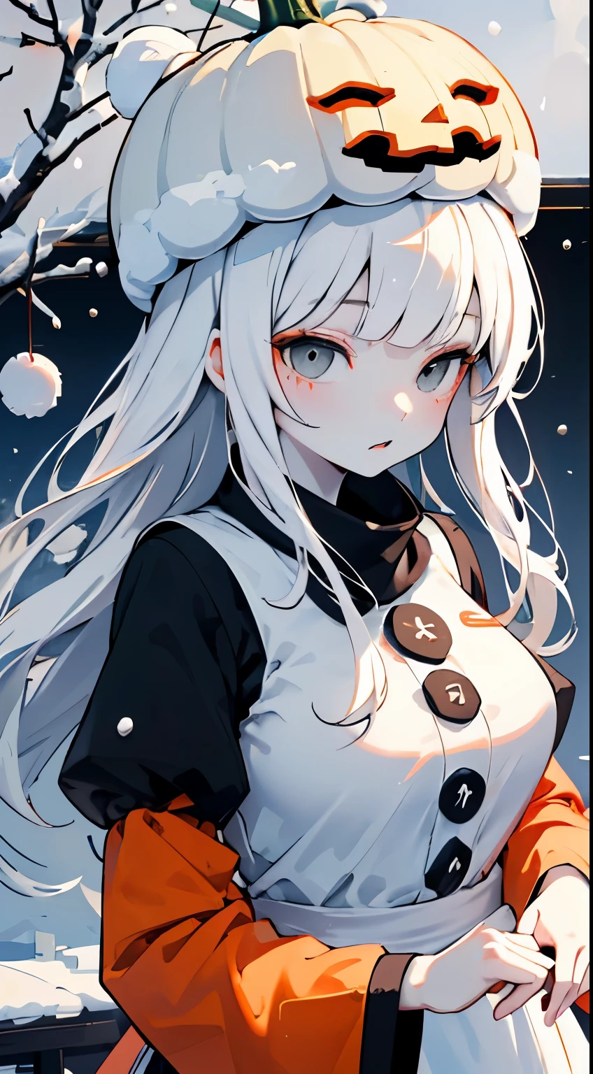 snowman女孩，snowman，Snow white skin，White skin，雪White skin，snowman，Snow-white hair，Long snow-white hair，Long flowing hair，Pumpkin on head，****ta costume，White and orange clothing，橘色Pumpkin hat，盖住整个头顶的Pumpkin hat，Pumpkin hat，雕刻Pumpkin hat，snowman女孩，Gray pupil，Gray Eyes，White pupil，White eyes，Snow background，Outdoor Background，Poker face，Poker face，indifferent脸，indifferent，Full figure，Poker face，indifferent，cool，Big breasts，Poker face，indifferent女孩，poker face，Fluffy skirt，cupcake dress，Close-up above the waist，Close-up above the waist