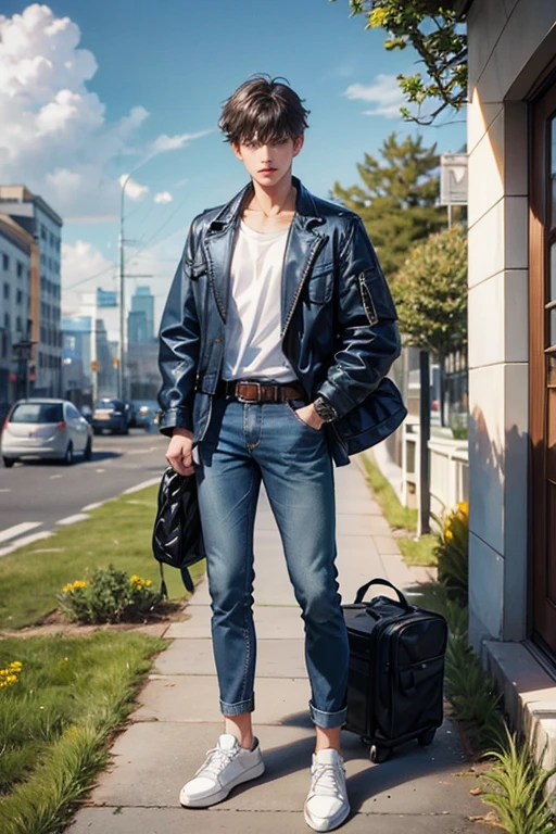 outdoors, 1boy, male_focus, solo, pants, shirt, hands_in_pockets, shoes, building, white_shirt, day, belt, standing, plant, bag, black_hair, sneakers, sky, jacket, full_body, denim, short_hair, white_footwear, looking_at_viewer, tree, backpack, open_clothes, cloud, watch, hair_between_eyes, sleeves_rolled_up, blue_jacket, bangs, blue_sky, jeans, flower, blue_pants, closed_mouth, open_jacket, wristwatch, collarbone, stairs, jewelry, buckle