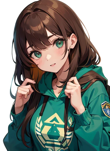 Una chica universitaria, con una sudadera verde, Brown hair, ojos marrones, sensible, linda.