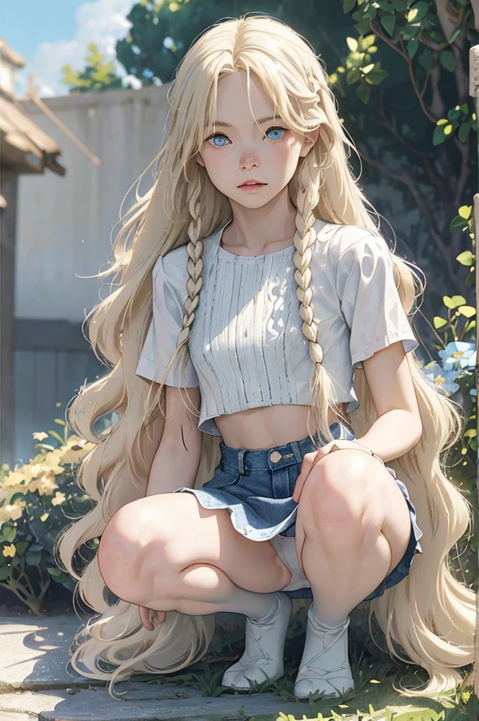 (masterpiece, best quality), ultra high resolution, depth of field, 1 pretty anime girl, , finely detailed, high details, high quality shadow, beautifully detailed, (bokeh: 1.5), solo, flower, outdoor, day, sky, cloud, sunlight, white shirt with short sleeves, very short denim skirt, cropped, full body, whole body in the middle of the picture, blue sky, (highly detailed skin, skin details), look viewer, long blonde hair, artfully braided hair, parted lips, breasts, flat stomach, long hair (platinum blonde hair:1.5), ((blue eyes)), Art by Makoto Shinkai, Anime Moe Artstyle, Digital Art on Pixiv, Azur Lane Style, squatting, legs open, tight panties
