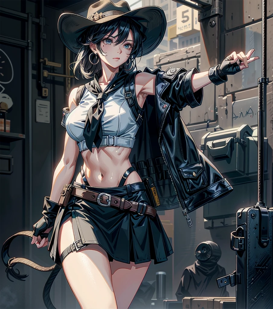 whole body, solo, alone, perfect anatomy, correct body, ideal ratio of body proportions, tearful mole, earring, medium hair, black hair, medium tits, cowgirl costume, vest, cowboy hat, fingerless gloves, midriff, neckerchief, short skirt, holster, 