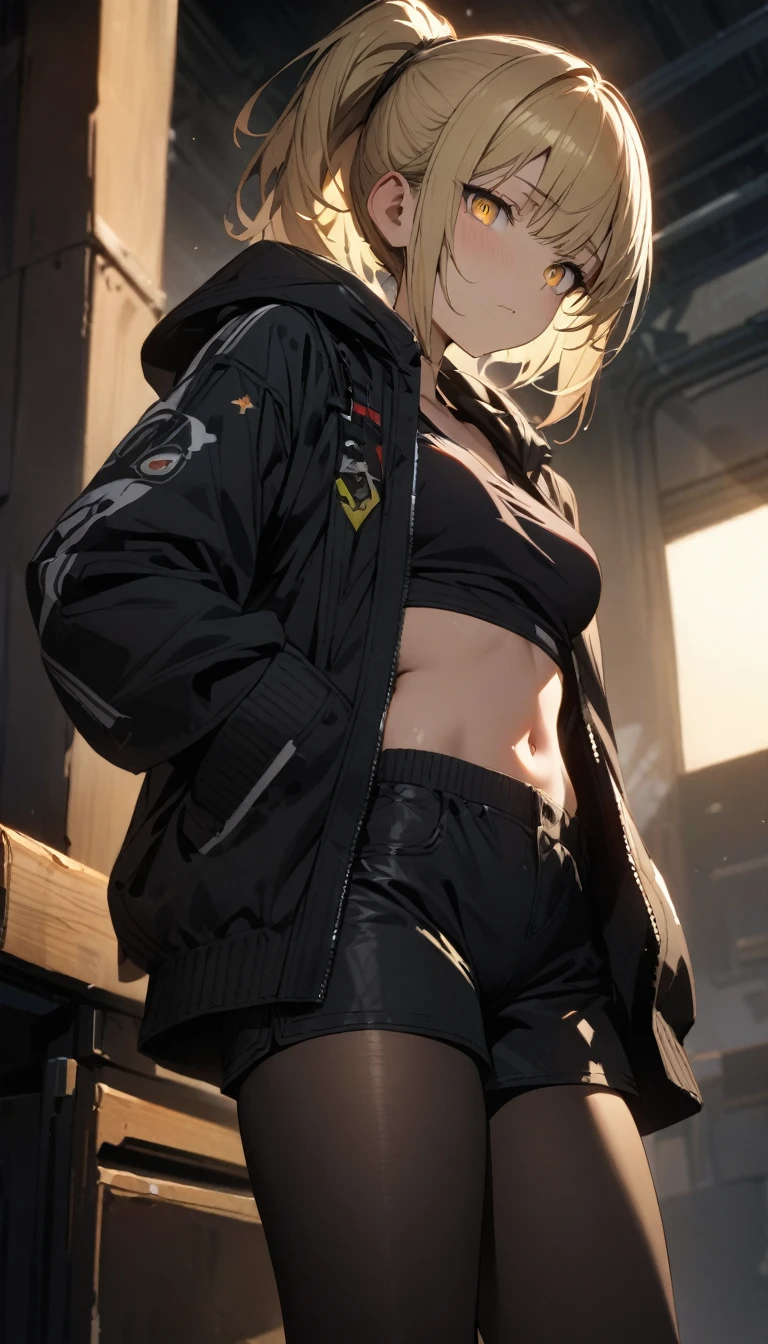 a handsome girl, solo, blond, pony tail, yellow eyes, bright eyes, bangs,
”hood jacket”, open jacket, tank top, navel,
BREAK (black shorts, black tights:1.5), expressionless, blurry background, extremely detailed face, perfect lighting, extremely detailed, masterpiece, best quality