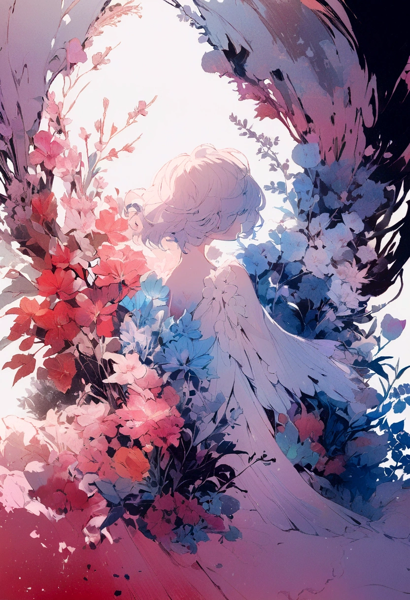 1 Girl,flower, Platycodon ,Light pink and light blue style, Dreamy and romantic composition, light pink, ethereal foliage, Interesting arrangement,fantasy, High contrast, Ink strokes, Impression of purple with red tones , Abstract