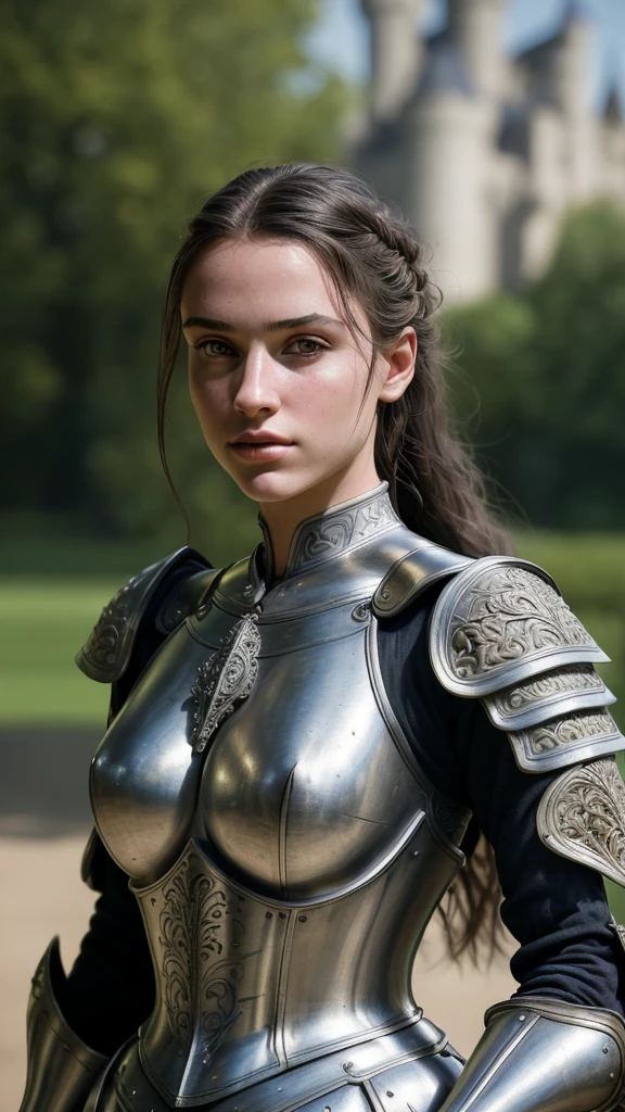 (masterpiece), (extremely intricate:1.3),, (realistic), portrait of a girl, the most beautiful in the world, (medieval armor), metal reflections, upper body, outdoors, intense sunlight, far away castle, professional photograph of a stunning woman detailed, sharp focus, dramatic, award winning, cinematic lighting, octane render, unreal engine, volumetrics dtx, (film grain, bokeh, blurry foreground, blurry background), crest on chest