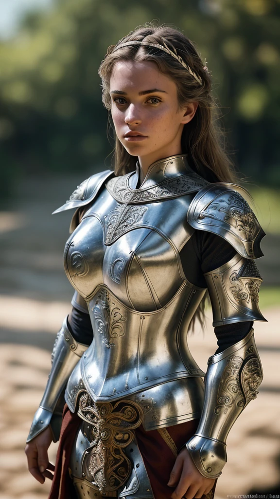 (masterpiece), (extremely intricate:1.3),, (realistic), portrait of a girl, the most beautiful in the world, (medieval armor), metal reflections, upper body, outdoors, intense sunlight, far away castle, professional photograph of a stunning woman detailed, sharp focus, dramatic, award winning, cinematic lighting, octane render, unreal engine, volumetrics dtx, (film grain, bokeh, blurry foreground, blurry background), crest on chest