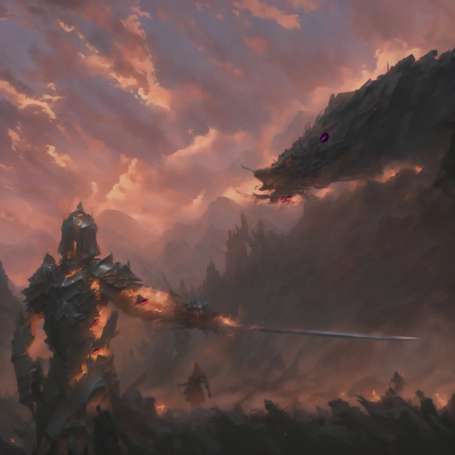 A knight holding a sword, Standing in front of the fiery red sky with his back to the camera, There is a Chinese dragon in the sky on the right, Epic fantasy artwork, Epic Fantasy Game Art, 4k fantasy art, Epic fantasy art, concept art wallpaper 4k, A man wearing a coat、Man holding a sword walking on the battlefield, epic beautiful art, Medieval style, Epic RPG Portrait, Stunning character art, fighting background, Wide battlefield, Alone, Back，战场上一个男人的Back, The flames spread, The fire burst into the sky, The war is raging, wounded, Blood, Weapons scattered on the ground, Top quality, Best quality, masterpiece, The most detailed, rich and colorful, war