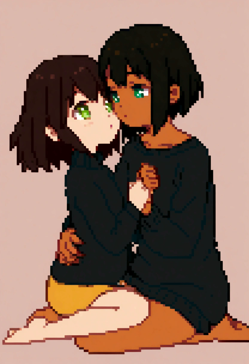 , short hair, dark hair, tan, green eyes, black sweater, bare legs,