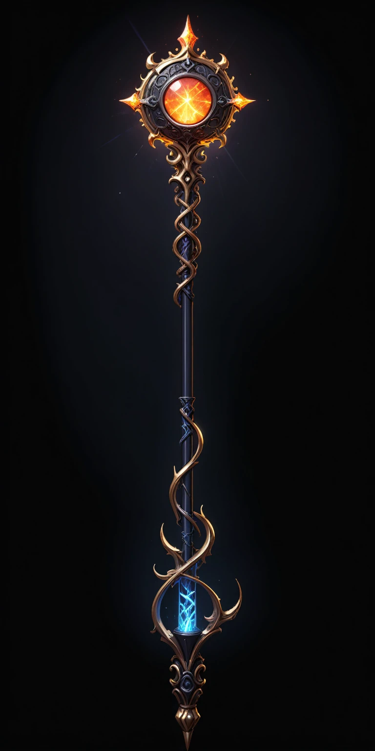pixel art, cartoon illustration, Divine glavie greatstaff, Powerfull Magical theme, simple black background, RPG game icon