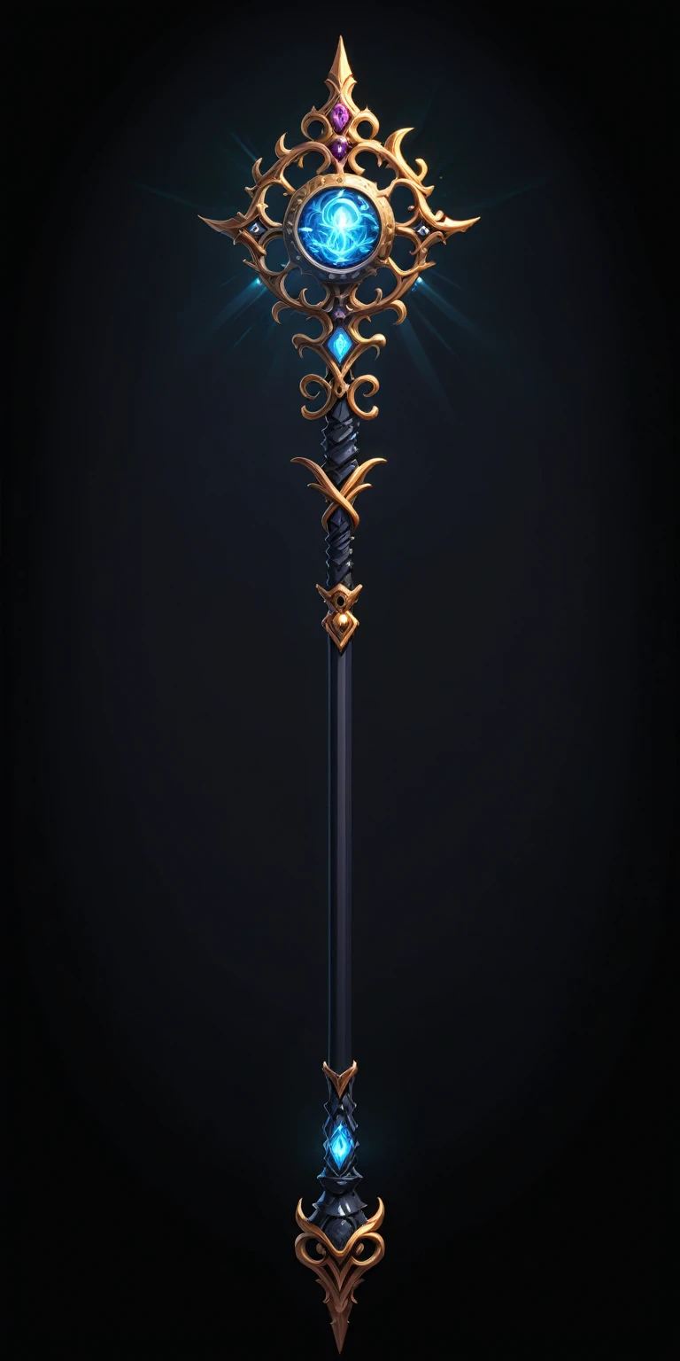 pixel art, cartoon illustration, Divine glavie greatstaff, Powerfull Magical theme, simple black background, RPG game icon