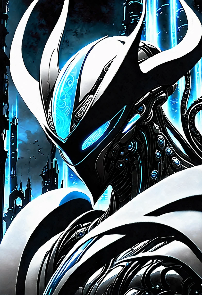 In the heart of a ravaged city, a cyborg emerges from the shadows, its exobone structure glistening with a faint blue glow. The white titanium armor plating seems to absorb the faint light, as if feeding off the darkness. Tentacles writhe from its back, like living tendrils, as it surveys its domain with an unblinking gaze.