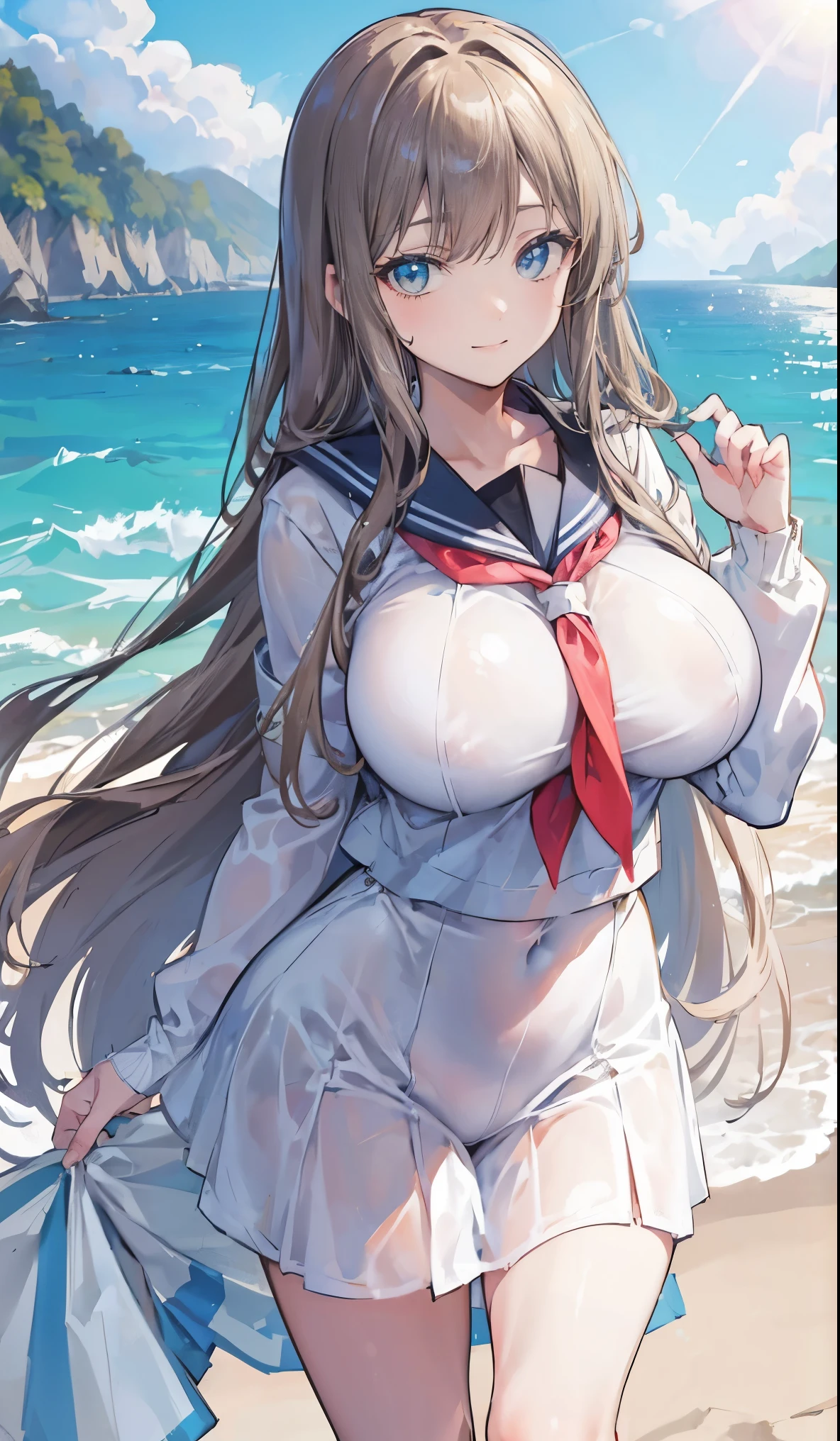 ((Browsing Caution,serafuku)),masterpiece, highest quality, detailed, One Girl, Beach,  Huge breasts, smile, Ocean, Gentle Breeze, Soft lighting,