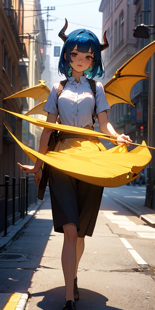 Anime girl with blue hair and horns on the street, 3D realistic animation, 2. 5D CGI anime fantasy artwork, Anime style 3d, Anime style. 8K, 4k Anime style, 3d style realistic anime, deviantart artstation cgscosiety, Digital Animation Art, guweiz style art, detailed Digital Animation Art, White shirt, Dragon Wings